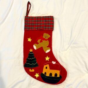 Red Christmas Stocking with Teddy Bear Christmas Tree Gingerbread House 17 in